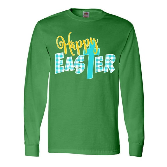 Inktastic Happy Easter with Cross in Teal Plaid Long Sleeve T-Shirt