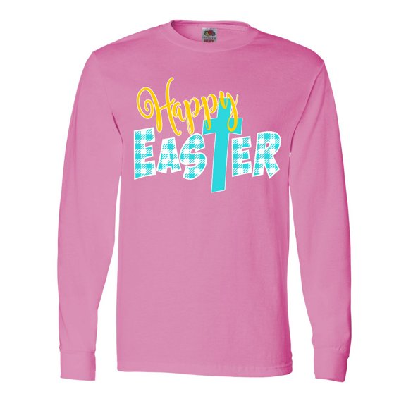 Inktastic Happy Easter with Cross in Teal Plaid Long Sleeve T-Shirt