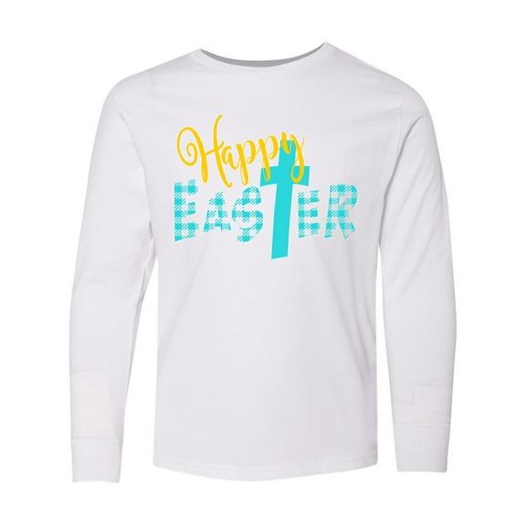 Inktastic Happy Easter with Cross in Teal Plaid Long Sleeve Youth T-Shirt