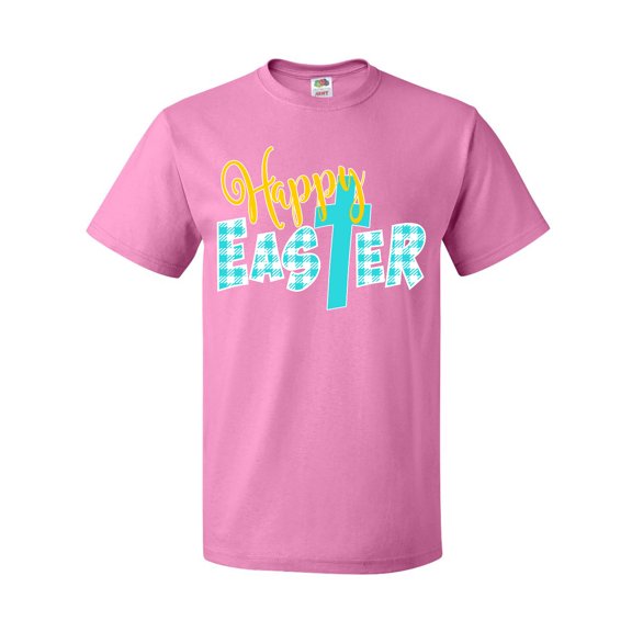 Inktastic Happy Easter with Cross in Teal Plaid T-Shirt