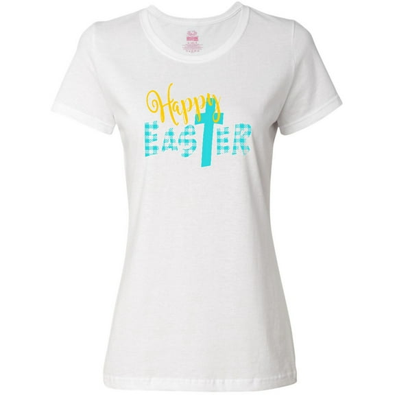 Inktastic Happy Easter with Cross in Teal Plaid Women's T-Shirt