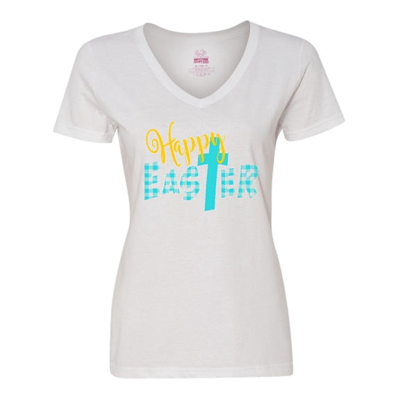 Inktastic Happy Easter with Cross in Teal Plaid Women's V-Neck T-Shirt