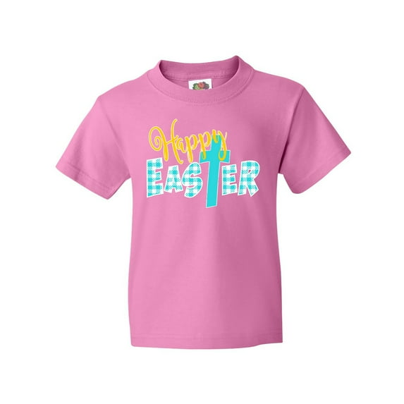 Inktastic Happy Easter with Cross in Teal Plaid Youth T-Shirt