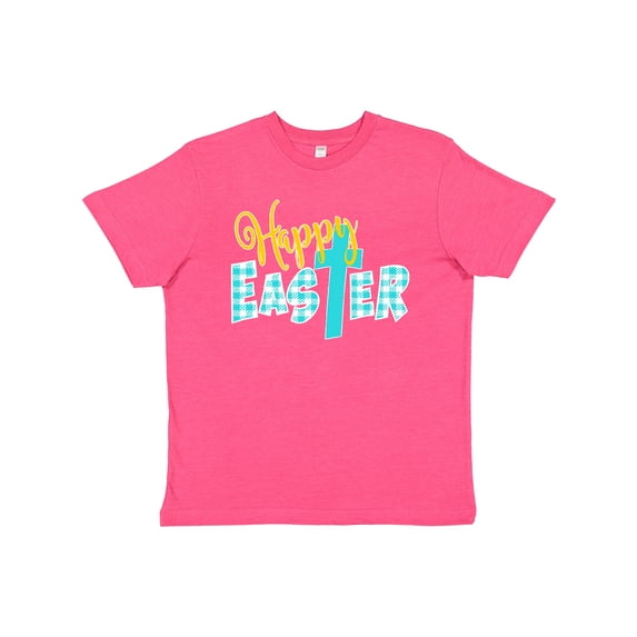 Inktastic Happy Easter with Cross in Teal Plaid Youth T-Shirt