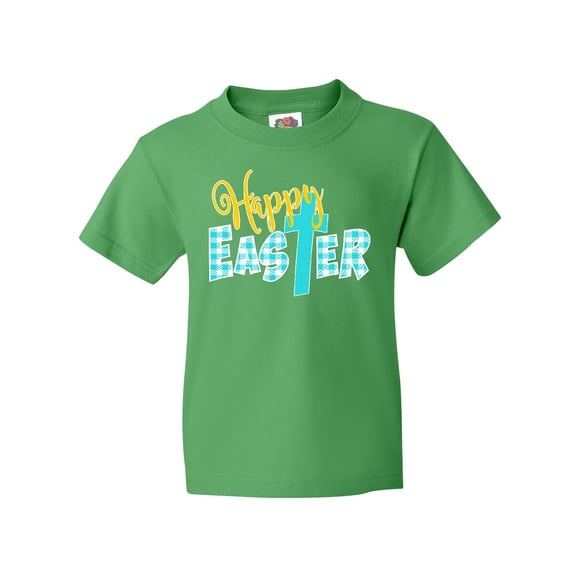 Inktastic Happy Easter with Cross in Teal Plaid Youth T-Shirt