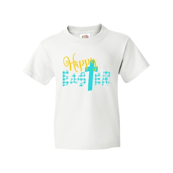 Inktastic Happy Easter with Cross in Teal Plaid Youth T-Shirt