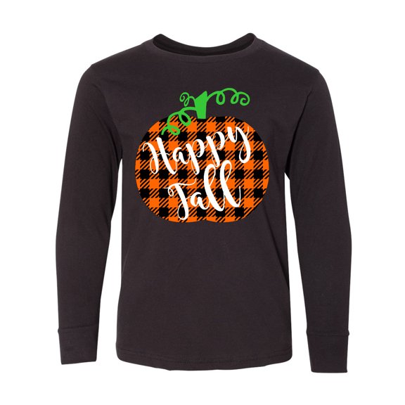 Inktastic Happy Fall Plaid Pumpkin Long Sleeve Youth T-Shirt
