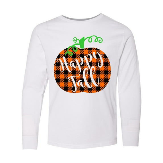 Inktastic Happy Fall Plaid Pumpkin Long Sleeve Youth T-Shirt