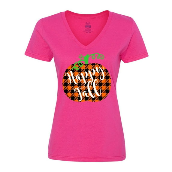 Inktastic Happy Fall Plaid Pumpkin Women's V-Neck T-Shirt