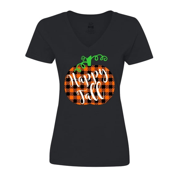 Inktastic Happy Fall Plaid Pumpkin Women's V-Neck T-Shirt
