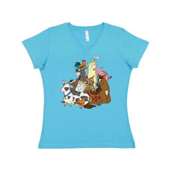 Inktastic Happy Farm Animals Women's V-Neck T-Shirt