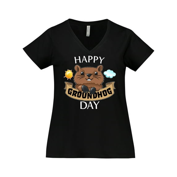 Inktastic Happy Groundhog Day- Cute Women's Plus Size V-Neck T-Shirt