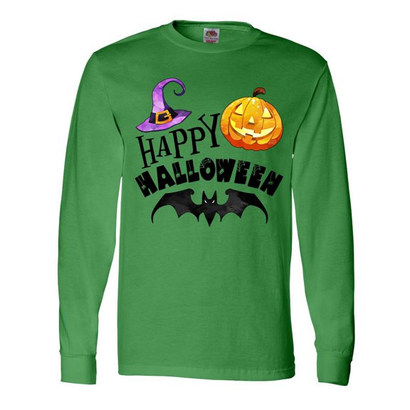 Inktastic Happy Halloween Bat, Witch Hat, Jack O Lantern Long Sleeve T-Shirt