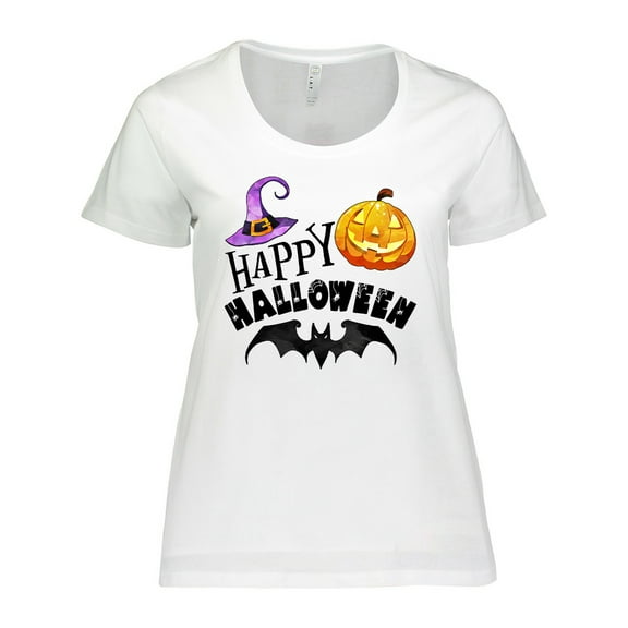 Inktastic Happy Halloween Bat, Witch Hat, Jack O Lantern Women's Plus Size T-Shirt