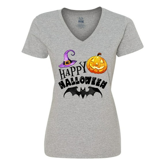 Inktastic Happy Halloween Bat, Witch Hat, Jack O Lantern Women's V-Neck T-Shirt