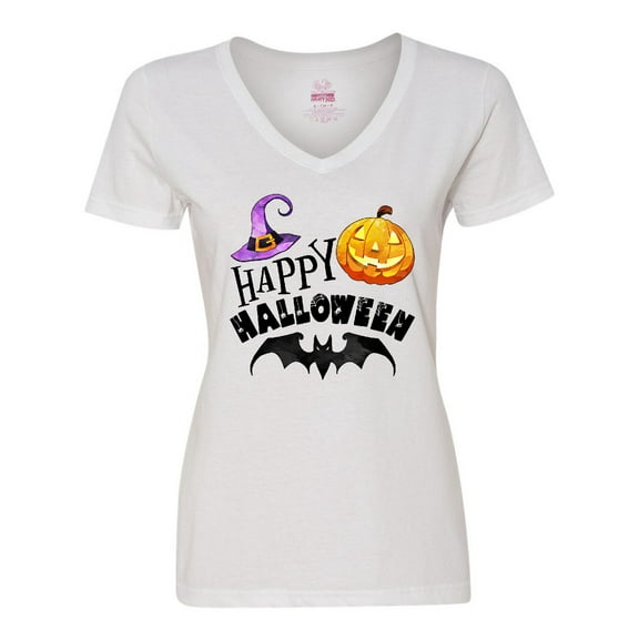 Inktastic Happy Halloween Bat, Witch Hat, Jack O Lantern Women's V-Neck T-Shirt