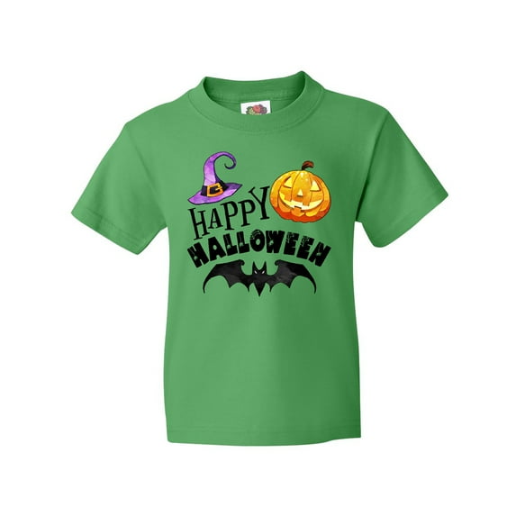 Inktastic Happy Halloween Bat, Witch Hat, Jack O Lantern Youth T-Shirt