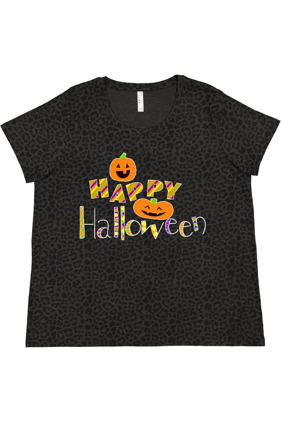 Happy Halloween Decorated Letters with Dancing Pumpkins Women's Plus Size T-Shirt
