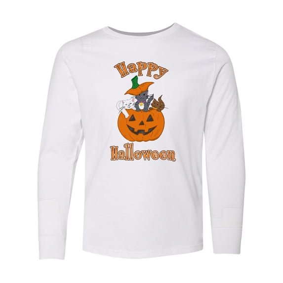 Inktastic Happy Halloween Kittens in Pumpkin Long Sleeve Youth T-Shirt