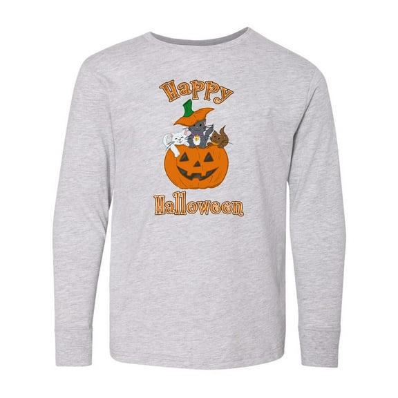 Inktastic Happy Halloween Kittens in Pumpkin Long Sleeve Youth T-Shirt