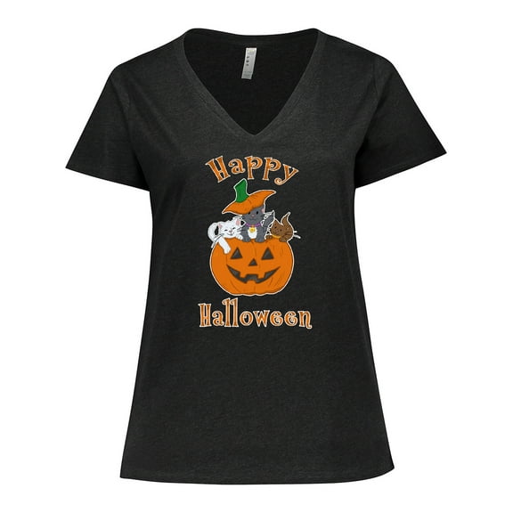 Inktastic Happy Halloween Kittens in Pumpkin Women's Plus Size V-Neck T-Shirt