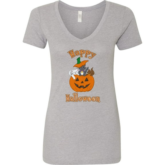 Inktastic Happy Halloween Kittens in Pumpkin Women's V-Neck T-Shirt