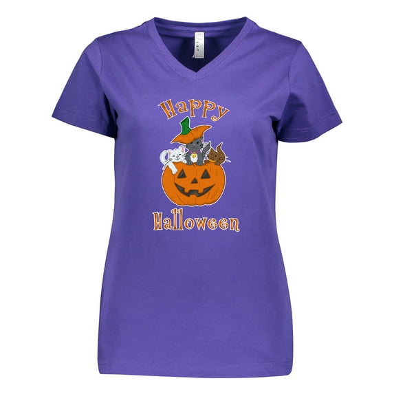 Inktastic Happy Halloween Kittens in Pumpkin Women's V-Neck T-Shirt
