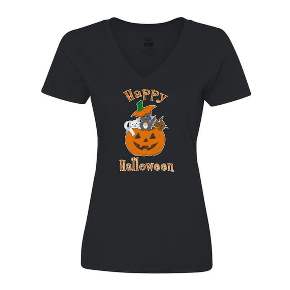 Inktastic Happy Halloween Kittens in Pumpkin Women's V-Neck T-Shirt