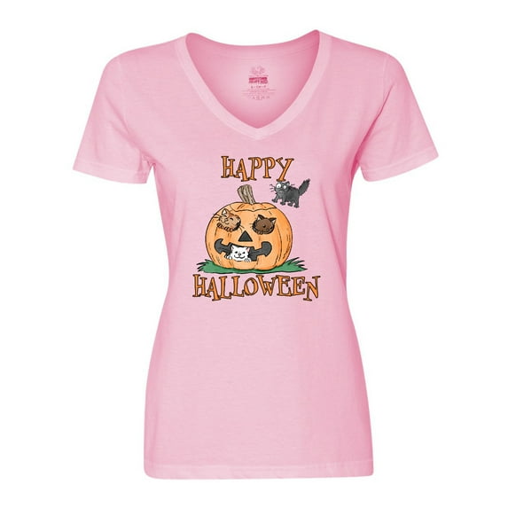 Inktastic Happy Halloween Kittens in a Pumpkin Women's V-Neck T-Shirt