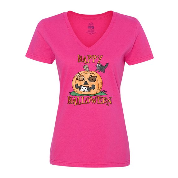 Inktastic Happy Halloween Kittens in a Pumpkin Women's V-Neck T-Shirt