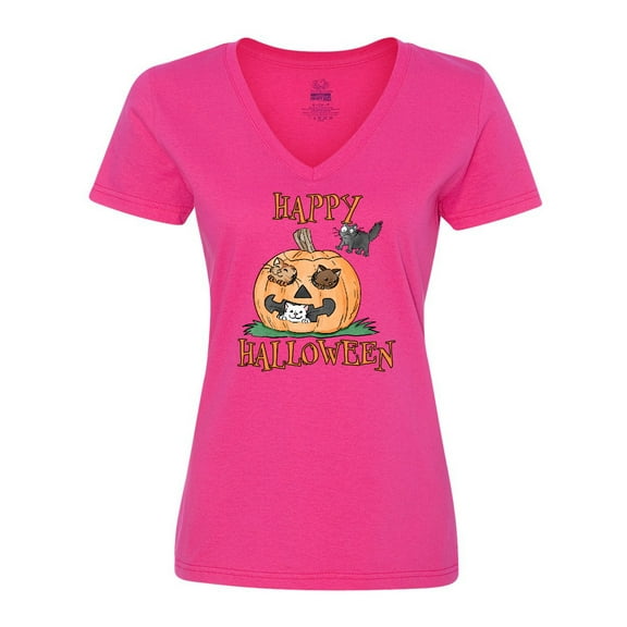 Inktastic Happy Halloween Kittens in a Pumpkin Women's V-Neck T-Shirt
