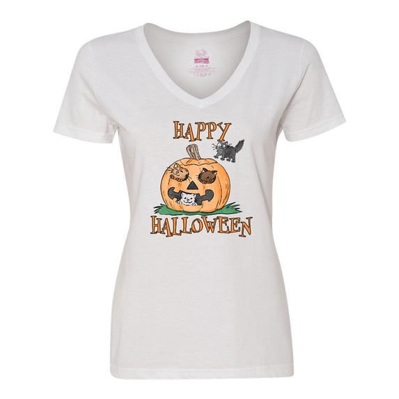 Inktastic Happy Halloween Kittens in a Pumpkin Women's V-Neck T-Shirt