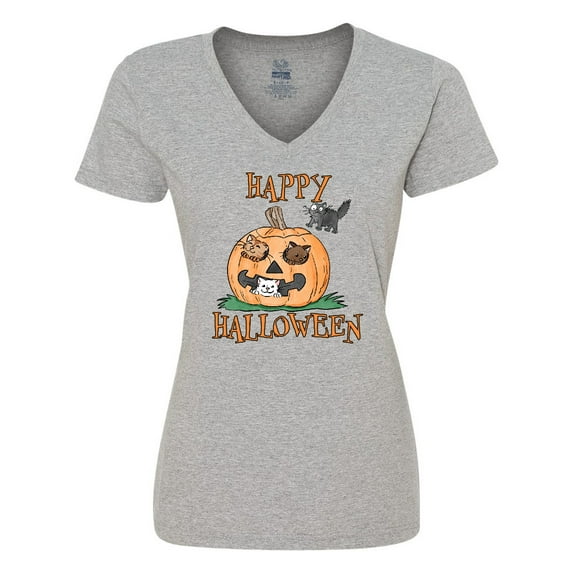 Inktastic Happy Halloween Kittens in a Pumpkin Women's V-Neck T-Shirt