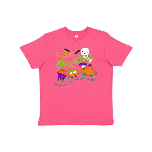 Inktastic Happy Halloween- Train with Pumpkins, Bats, Cat,and Ghost Youth T-Shirt