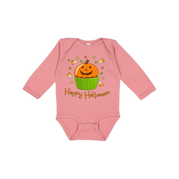 Inktastic Happy Halloween- cute pumpkin cupcake Boys or Girls Long Sleeve Baby Bodysuit