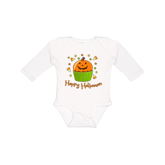 Inktastic Happy Halloween- cute pumpkin cupcake Boys or Girls Long Sleeve Baby Bodysuit