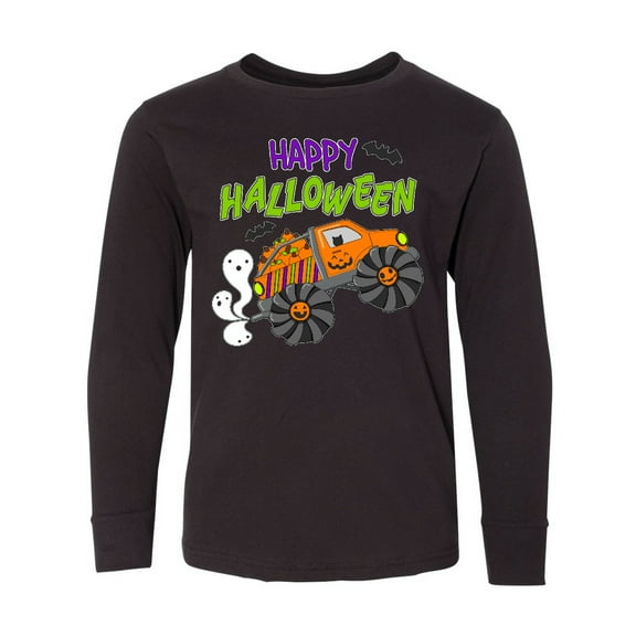 Inktastic Happy Halloween-monster Truck with Pumpkins, Bats, Cat,and Ghost Long Sleeve Youth T-Shirt