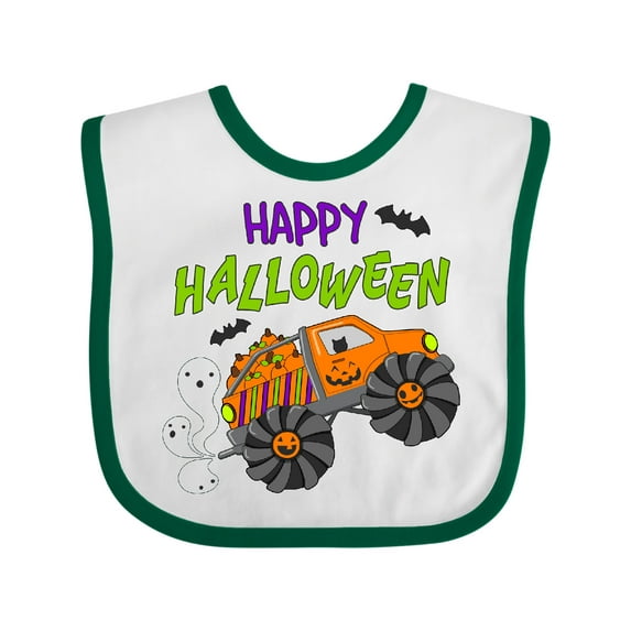 Inktastic Happy Halloween-monster truck with pumpkins, bats, cat,and ghost Boys or Girls Baby Bib