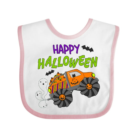 Inktastic Happy Halloween-monster truck with pumpkins, bats, cat,and ghost Boys or Girls Baby Bib