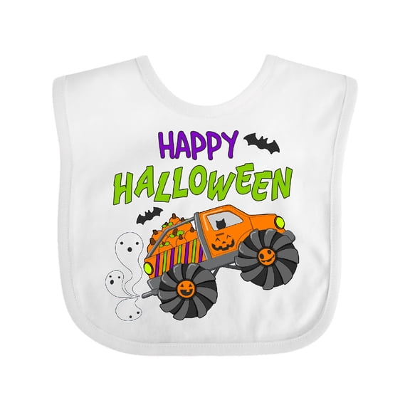 Inktastic Happy Halloween-monster truck with pumpkins, bats, cat,and ghost Boys or Girls Baby Bib
