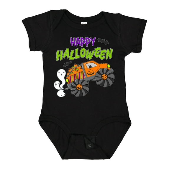 Inktastic Happy Halloween-monster truck with pumpkins, bats, cat,and ghost Boys or Girls Baby Bodysuit