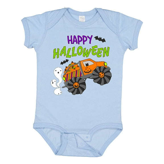 Inktastic Happy Halloween-monster truck with pumpkins, bats, cat,and ghost Boys or Girls Baby Bodysuit