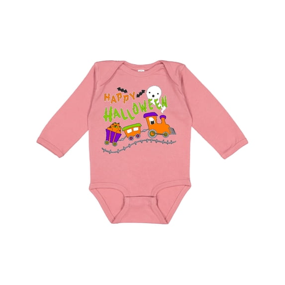 Inktastic Happy Halloween- train with pumpkins, bats, cat,and ghost Boys or Girls Long Sleeve Baby Bodysuit
