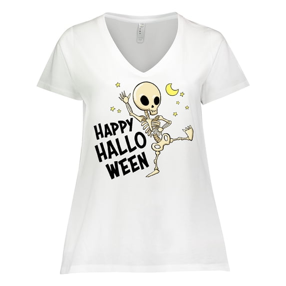 Inktastic Happy Halloween with Dancing Skeleton Women's Plus Size V-Neck T-Shirt