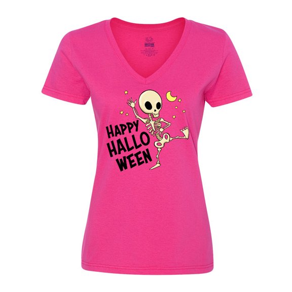 Inktastic Happy Halloween with Dancing Skeleton Women's V-Neck T-Shirt