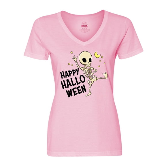 Inktastic Happy Halloween with Dancing Skeleton Women's V-Neck T-Shirt