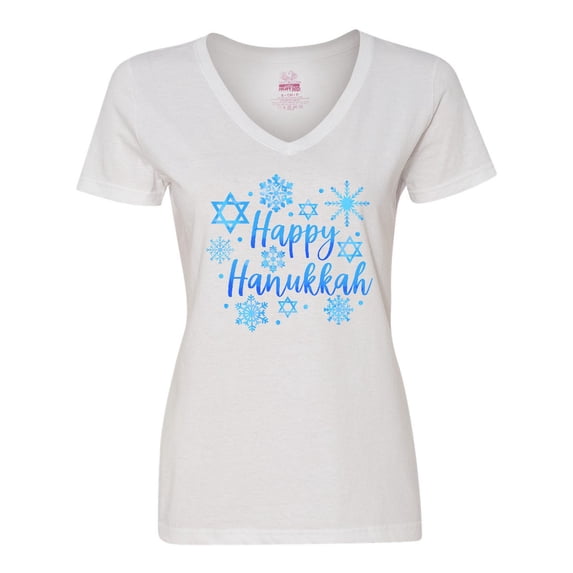 Inktastic Happy Hanukkah Blue Stars of David and Snowflakes Women's V-Neck T-Shirt