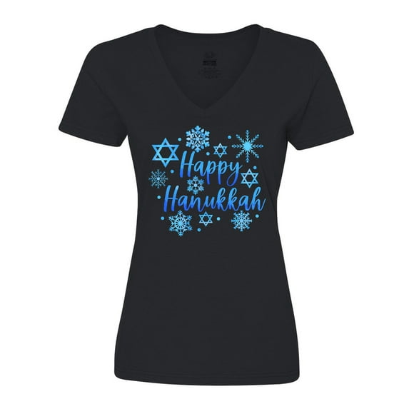 Inktastic Happy Hanukkah Blue Stars of David and Snowflakes Women's V-Neck T-Shirt
