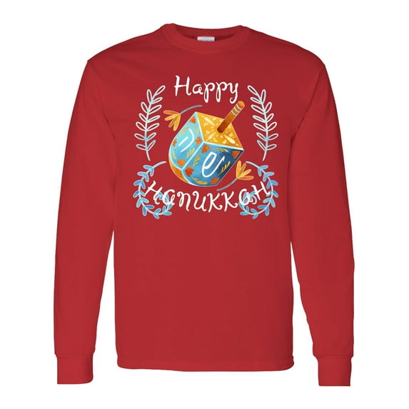 Inktastic Happy Hanukkah Dreidel and Laurels Long Sleeve T-Shirt