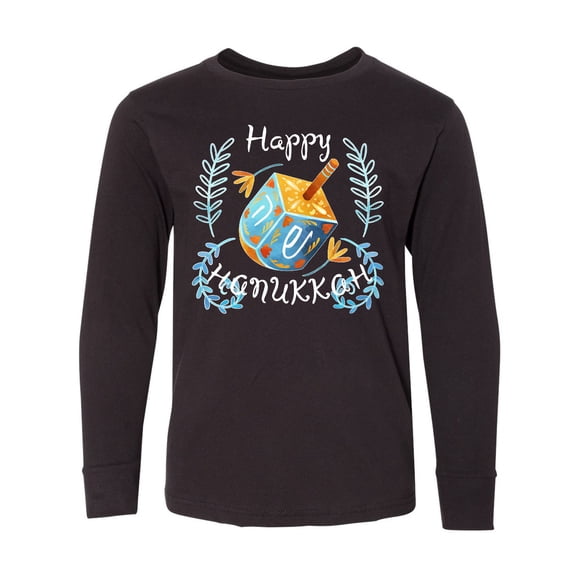 Inktastic Happy Hanukkah Dreidel and Laurels Long Sleeve Youth T-Shirt